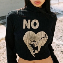 Sexy Long Sleeve High Collar Printed Crop Top