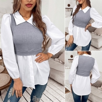 Fashion Contrast Color Long Sleeve POLO Collar Knit Spliced Mock Two-piece Top