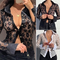 Sexy Long Sleeve POLO Collar Single-breasted Hollow Out Lace Shirt