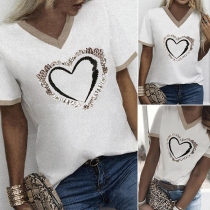 Fashion Contrast Color Short Sleeve V-neck Sequin Heart T-shirt