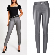 Fashion Mid-Waist Slim Fit Stretch PU Artificial  Leather Gray Pants