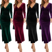 Elegant Solid Color Long Sleeve V-neck Slim Fit Velvet Party Dress