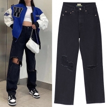 Fashion High Waist Hollow Out Ripped Straight Jeans