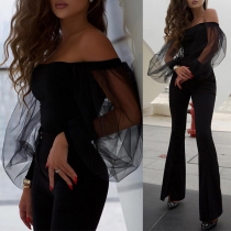 Sexy Gauze Puff Sleeve Square Collar High Waist Slim Fit Jumpsuit