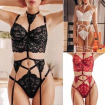 Sexy Sheer Lace Push-up Halter Lingerie Set Three-piece Set