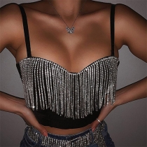 Sexy Backless V-neck Rhinestone Tassel Sling Crop Top
