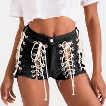 Sexy Low-waist Keyhole Lace-up Denim Shorts