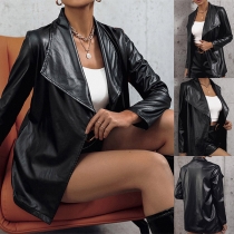 Fashion Solid Color Long Sleeve Lapel Slim Fit PU Leather Jacket