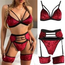 Sexy Hollow Out Contrast Color Lingerie Three-piece Set