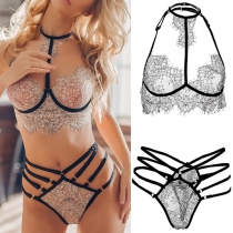 Sexy Hollow Out Sheer Lace Halter Lingerie Set