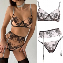 Sexy Embroidery Spliced See-through Lingerie Three-piece Set