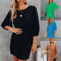 Fashion Solid Color 3/4 Sleeve Round Neck Lace-up Dress