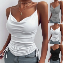 Sexy Backless Cowl Neck Side-drawstring Solid Color Sling Top