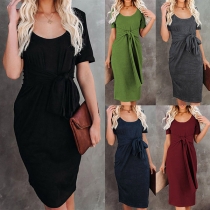 Fashion Solid Color Short Sleeve Round Neck Lace-up Slim Fit Dress