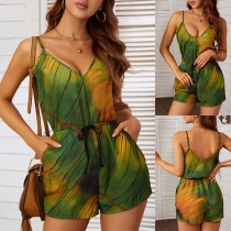 Sexy Backless V-neck High Waist Printed Sling Jumpsuit