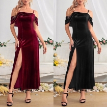 Sexy Off-shoulder Short Sleeve Slit Hem Solid Color Slim Fit Sling Dress