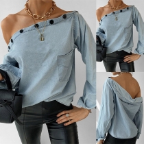 Off-the shoulder Denim Shirt with Button Design（Size Run Small）