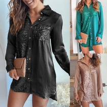 Shirt Dress with Sequined Spliced and Chese Pocket