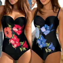 Sexy Backless Deep V-neck Floral Printed One-piece Swimsuit