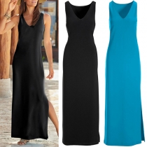 Fashion Solid Color Sleeveless Maxi-dress  with Side Slit