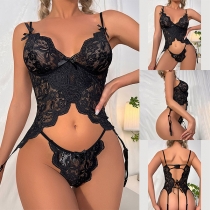 Sexy Black Bowknot Semi-through Lace One-piece Bodysuit Lingerie