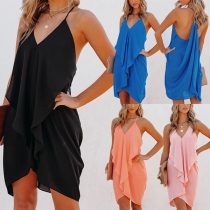 Sexy Solid Color Ruffle Backless Sling Dress
