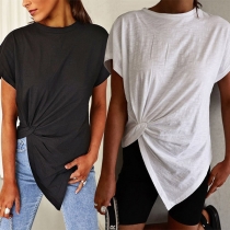 Casual Solid Color Round Neck Short Sleeve Irregular Hemline Knotted Shirt