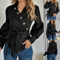 Elegant Long Sleeve Button Irregular Hemline Tie-belt Wrap Shirt