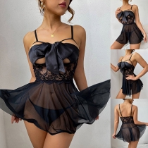 Sexy Bowknot Lace Spliced Semi-through Sling Nightgown