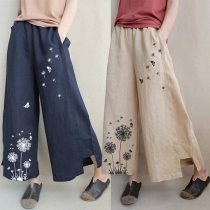 Casual Floral Printed Flared Linen Pants