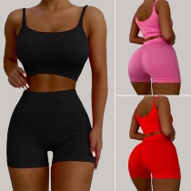 Sporty Fitted Two-piece Set in Solid Color consist of Sports Bralette and Shorts for