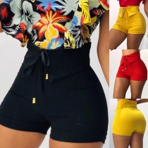 Casual Solid Color Tie-belt Shorts