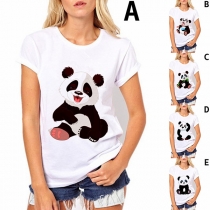 Casual Round Neck Short Sleeve Panda Printed Shirt