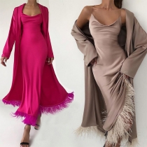 Elegant Two-piece Set with tassel hemline consist of Long Cardigan and Sling Maxi-dress