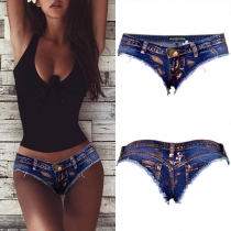 Sexy Low Waist Metal Bronzing Raw-edge Denim Hot Shorts Shortie Briefs
