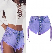 Fashion Lace-up Raw-edge Hemline High Waist Hot Shorts