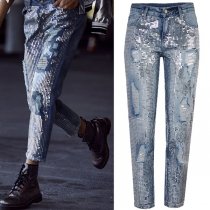 Fashion Bling-Bling Sequin Spliced  Distressed Holes Low-waist Ankle Jeans