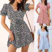 Sweet Style Puff Sleeve Hollow Out High Waist Printed Dress