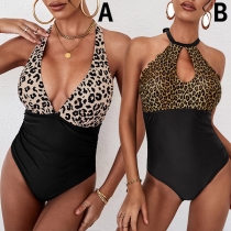 Sexy Off-shoulder Backless Contrast Color Leopard Printed Halter One-piece Swimsuit