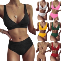 Sexy Backless V-neck High Waist Solid Color Bikini Set