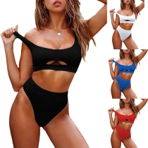 Sexy Solid Color Hollow Out High Waist Bikini Set
