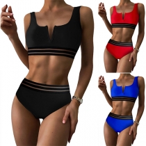 Sexy Contrast Color Gauze Spliced High Waist Bikini Set