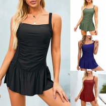 Fashion Solid Color Ruffle Hem Sling One-piece Swimsuit