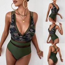 Sexy Backless Deep V-neck Camouflage Printed One-piece Swimsuit