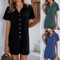 Fashion Solid Color Short Sleeve POLO Collar Front-button Romper