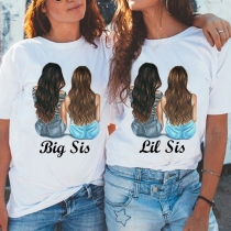 Fashion BFF Girl Printed Big Sis Lil Sis Letters Printed Short Sleeve T-shirt