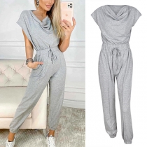 Fashion Solid Color Draped Neck Side Pockets Jumpsuit