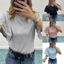 Casual Solid Color V-neck Trumpet Short Sleeve Shirt