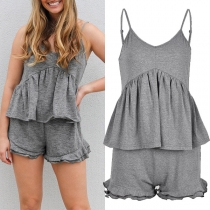 Casual Solid Color Irregular Hemline Ruffle Cami Romper