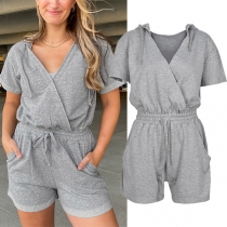 Casual Solid Color Hoodie Drawstring Wrap Romper